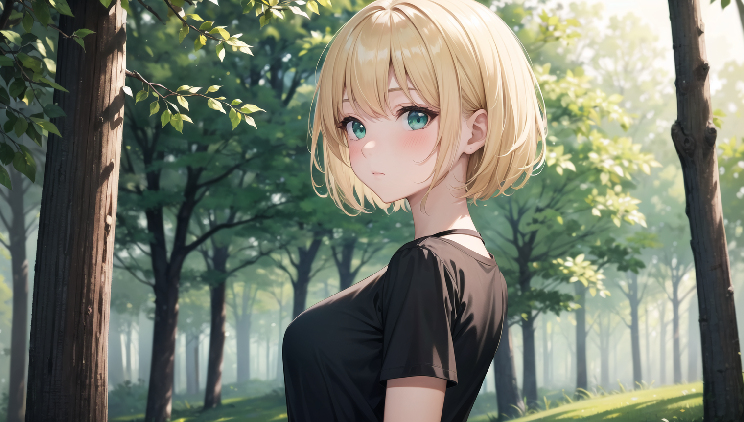 0005-2691128662-1girl, bangs, blonde_hair, blush, short hair, green eyes, full shot, solo, (portrait_0.5), beautiful backround, forest, (black s.png